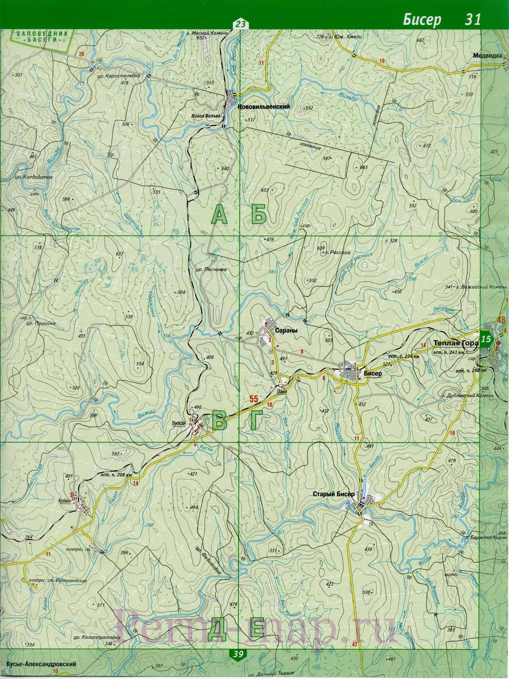 Горнозаводский район на карте. Автомобильная карта Горнозаводского района, Пермский край, B1 - 