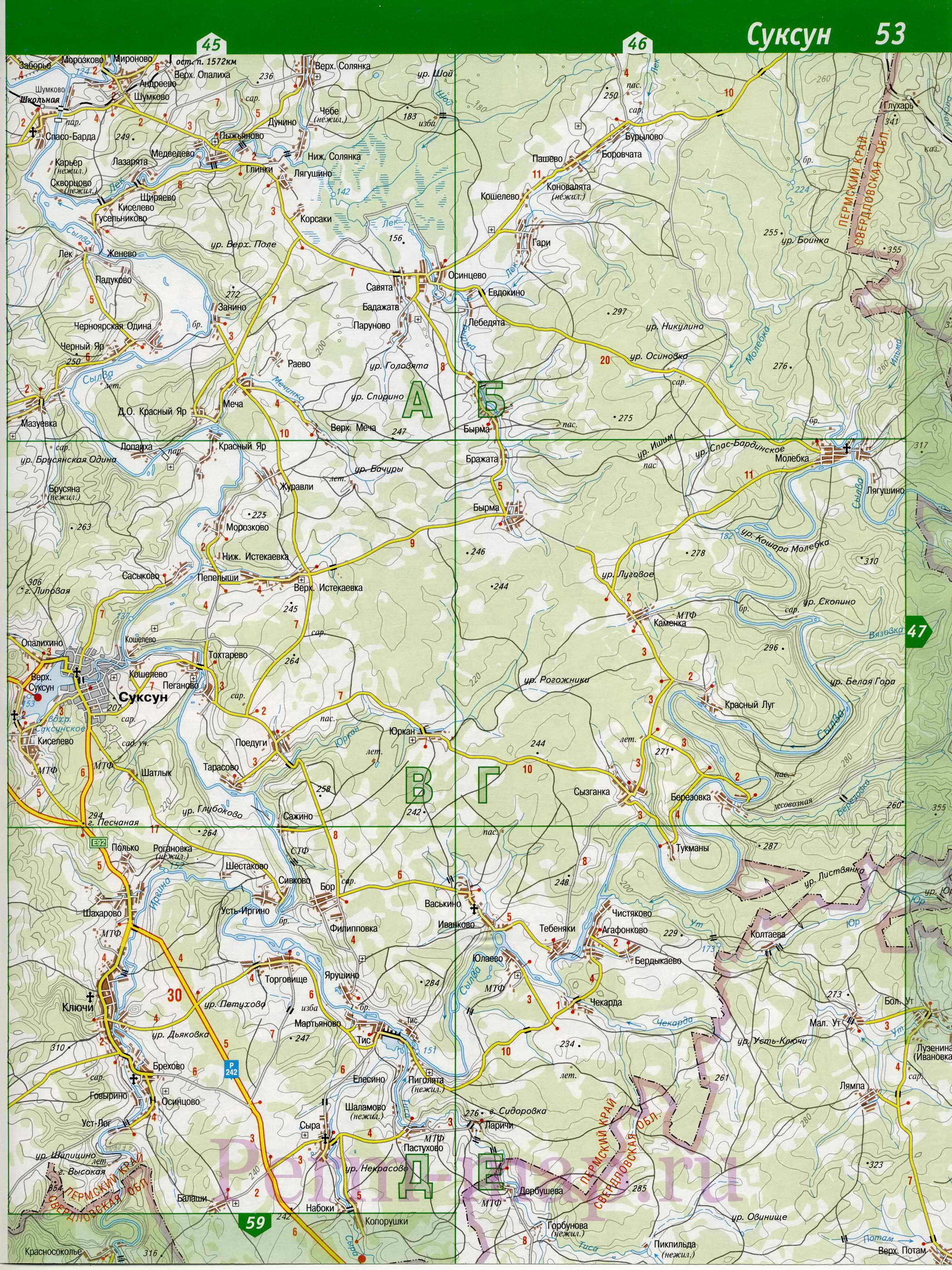 Кишертский район на карте. Подробная карта автодорог Кишертского района, Пермский край, B0 - 