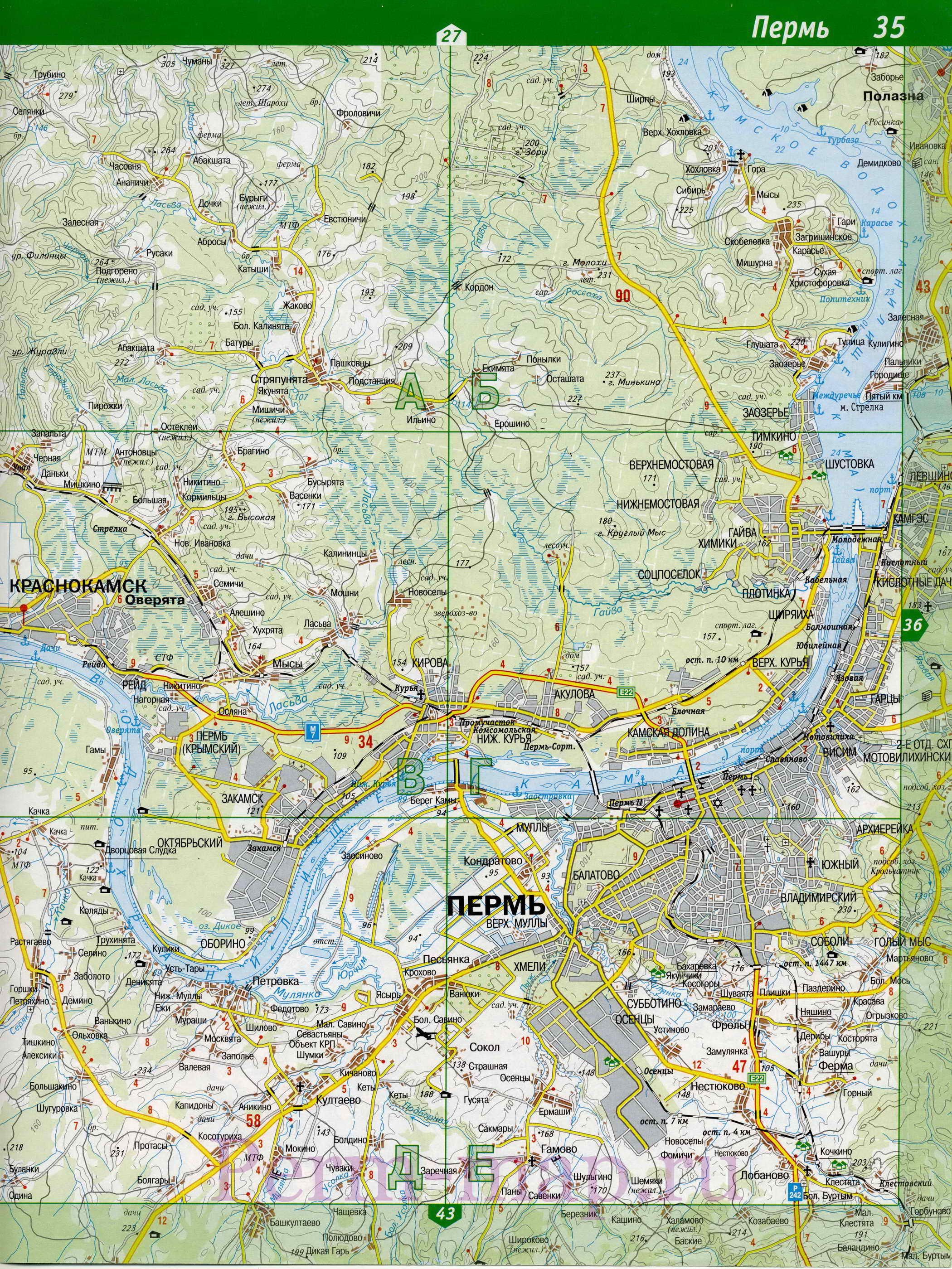 Краснокамский район на карте Пермского края. Подробная карта автомобильных дорог Краснокамского р-на, B0 - 