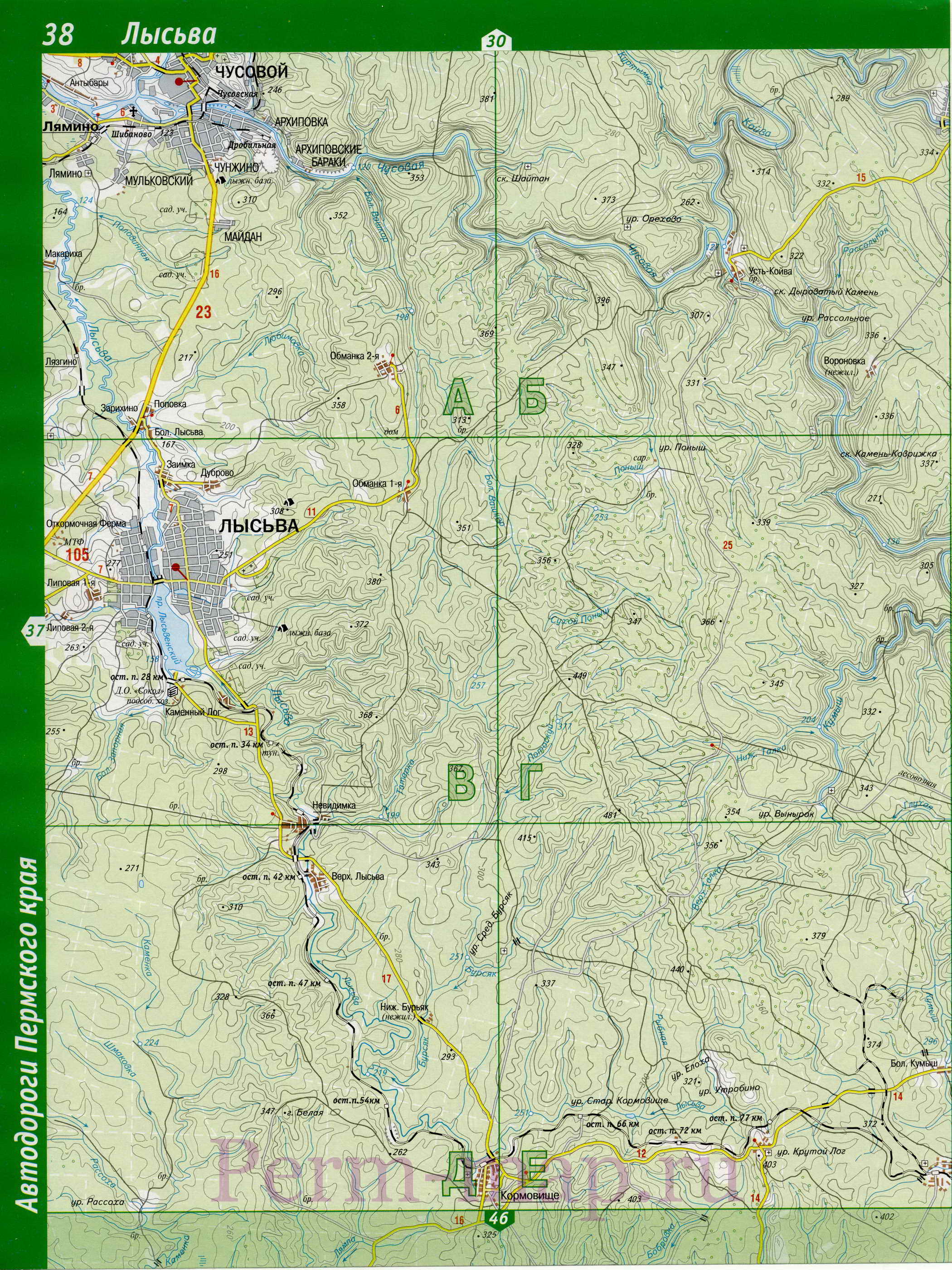 Лысьвенский район - топографическая карта. Подробная крупномасштабная карта Лысьвенского района, B0 - 