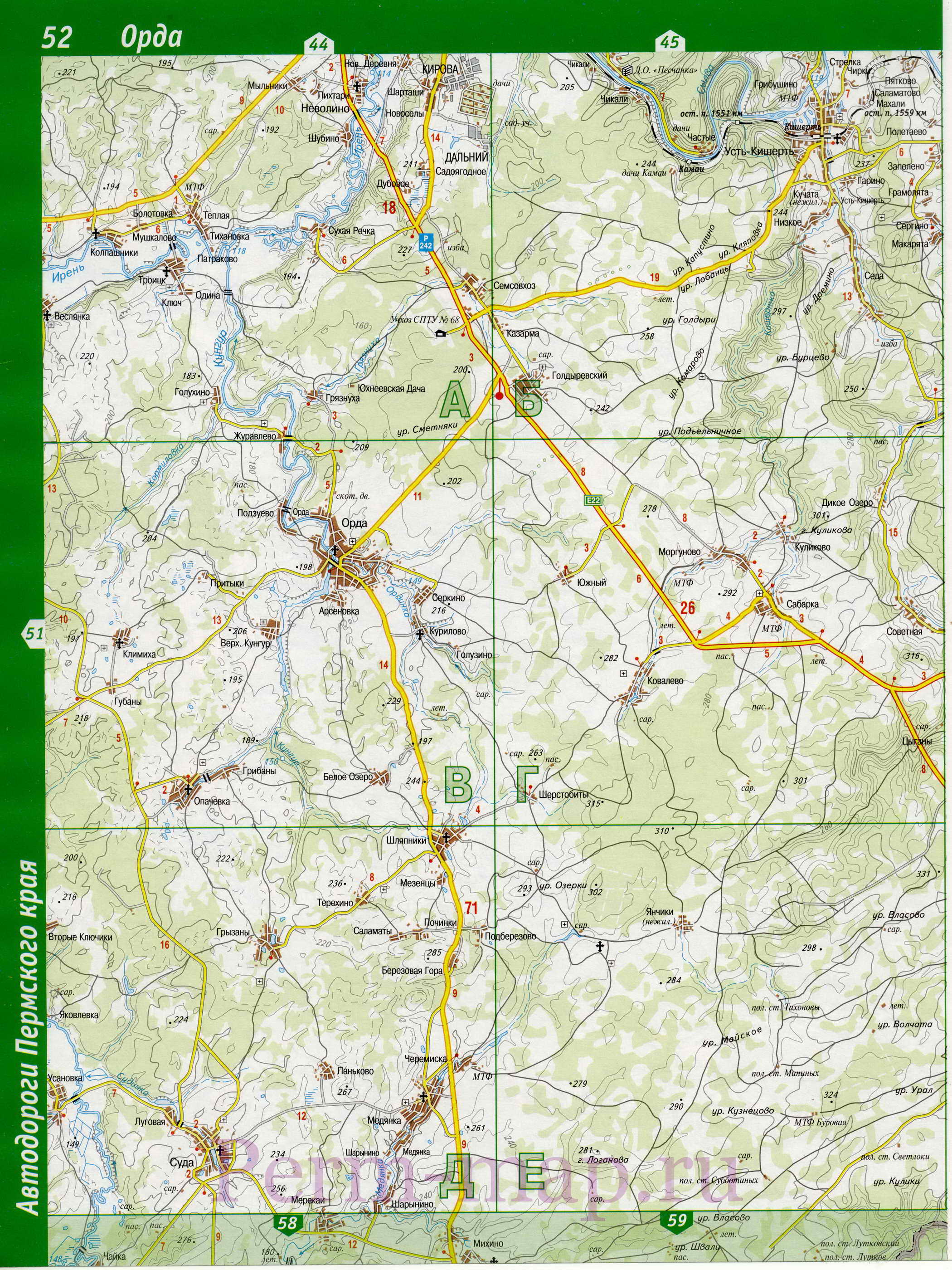 Ординский район - топографическая карта. Подробная крупномасштабная карта Ординского района, Пермский край, B0 - 