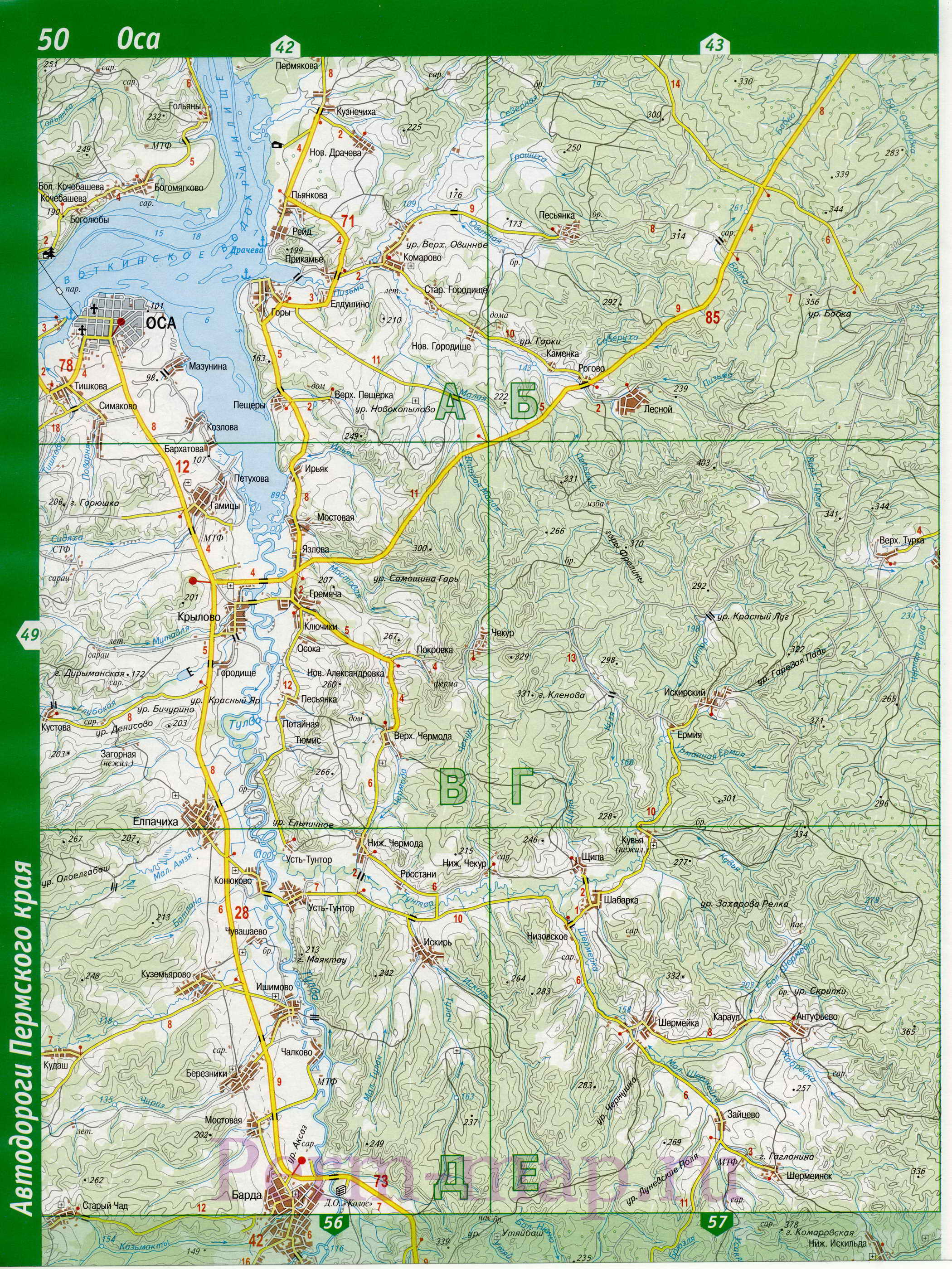 Осинский район - карта автомобильных дорог. Подробная карта Осинского р-на, B0 - 